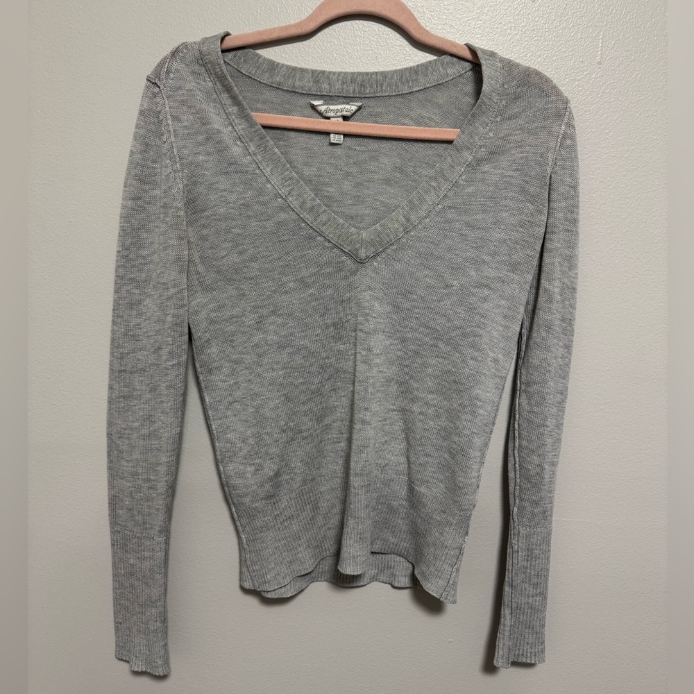 Aeropostal Gray V-neck Long Sleeve Layering Y2K Top